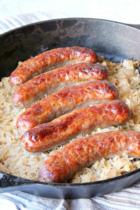 Saurkraut And Sausage, Baked Sauerkraut, Baked Bratwurst, Sauerkraut And Sausage, Bake Sausage In Oven, Smoked Turkey Sausage, Sausage Sauerkraut, Bratwurst Recipes, Sauerkraut Recipe