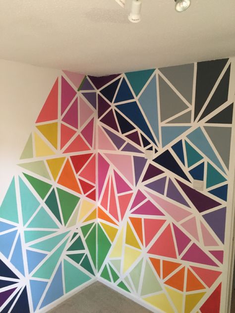 Frog tape geometric wall Color Wall Painting Ideas, Frog Tape Wall, Rainbow Wall Painting, Geometric Wall Paint, Office Painting, Wall Painting Ideas, About Rainbow, Diy Wall Painting, School Murals