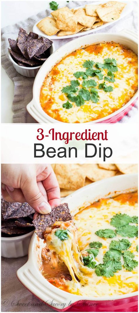 When you need a tasty appetizer in less than 30 minutes to feed a crowd, this 3-ingredient bean dip will be your answer! Cheesy and filling dip with ton of flavor without much effort. Cheesy Bean Dip, Easy Bean Dip, Refried Bean Dip, Bean Dip Recipes, Diy Easy Recipes, Feed A Crowd, Bean Dip, Mozzarella Sticks, Yummy Dips