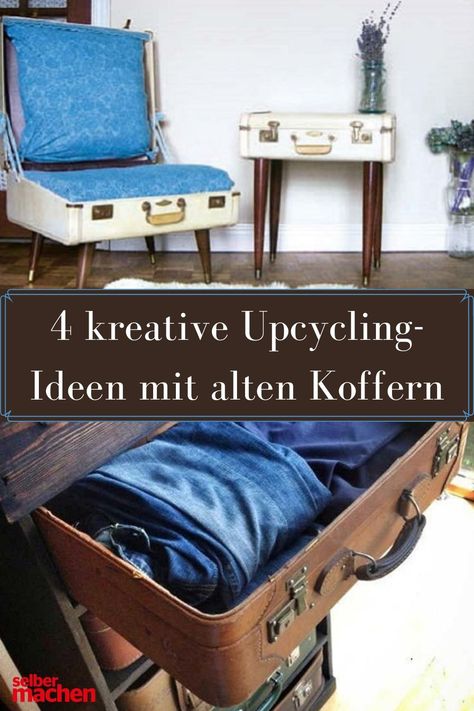 Alte Koffer, die nicht mehr fürs Reisen verwendet werden, müssen nicht weggeschmissen werden. Vor allem Retro-Koffer sind fürs Upcycling besonders beliebt. Egal ob Tisch oder Wandregal, die Möglichkeiten sind grenzenlos. Erfahre hier 4 kreative Upcycling-Ideen mit alten Koffern! #DIY #upcycling #koffer Mini Bars, Design Hack, Furniture Design, Design