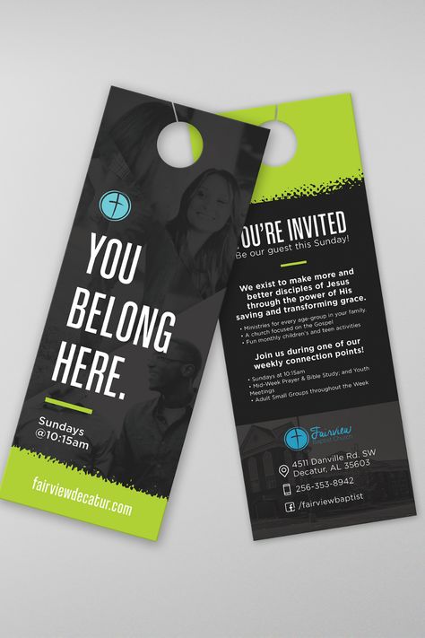 Welcome Gifts For Church, Door Hanger Design Marketing, Door Hanger Design Ideas, Church Brochure Design, Church Invite Cards, Church Visitor Gifts, Church Marketing Ideas, Church Lobby Design, Church Announcements