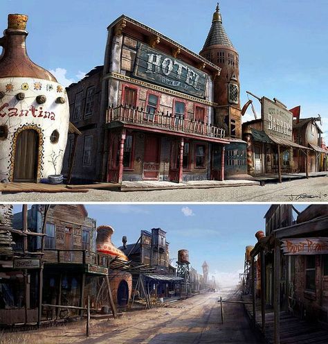 Rango concept art....... Click on image to enlarge..... Rango Movie Background, Rango Movie, Blur Studios, Old Western, Environment Props, Bg Design, Animation Illustration, Robot Concept, Western Town