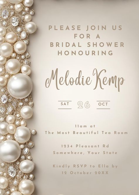 Pearl Invitation Design, Pearl Bridal Shower Theme, Pearls Wedding Theme, Pearl Invitations, Pearl Wedding Invitations, Pearl Bridal Shower, Diamond Template, Bridal Shower Prizes, Wedding Dance Video