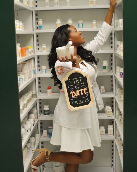 Save the date concept for Pharmacy graduation invitations. Black Pharmacist Aesthetic, Pharmacy Graduation Photoshoot, Pharmacy Tech Photoshoot Ideas, Doctor Of Pharmacy Graduation, Pharmacy Tech Graduation Pictures, Pharmacy Tech Photoshoot, Pharmacy Tech Graduation Cap, Pharmacy Graduation Party Ideas, Pharmd Graduation Pictures