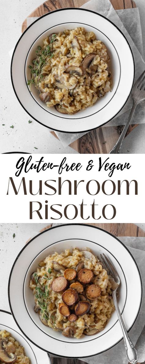 Vegan mushroom risotto is super creamy and full of flavor! This dairy free risotto is topped with delicious seared vegan scallops. #risotto #mushroomrisotto #vegansidedish #holidaysidedish Risotto Recipes Non Dairy, Gf Df Risotto, Gluten Free Mushroom Risotto, Rissoto Recipes Dairy Free, Dairy Free Mushroom Risotto, Gluten Free Risotto, Oyster Mushroom Risotto, Gluten Free Risotto Recipes, Dairy Free Risotto Recipes