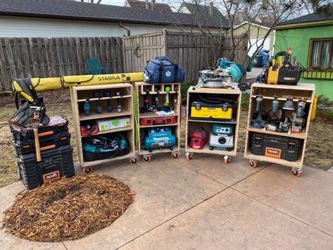 Power Tool Cart, Mobile Tool Storage Ideas, Diy Tool Cart, Plywood Crafts, Mobile Tool Storage, Mobile Tool Cart, Van Setup, Warehouse Organization, Tool Carts