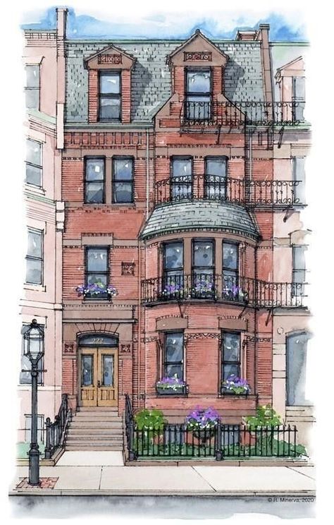 Boston Painting Ideas, Apartment Drawing Sketch, Boston Drawing, Boston Watercolor, Boston Painting, Boston Brownstone, Procreate Inspiration, Boston Architecture, Boston House