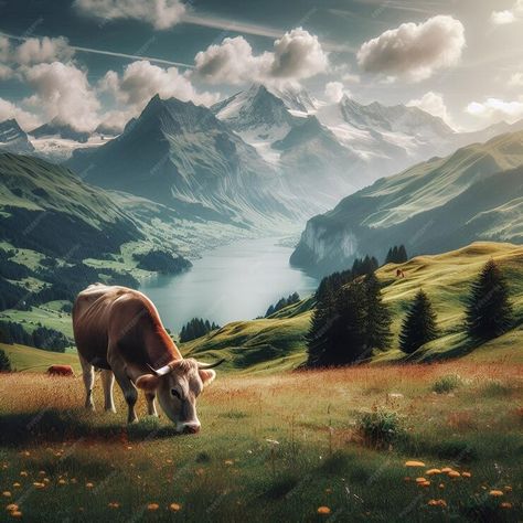 Premium Photo | A cow is grazing in a field with mountains in the background Field With Mountains, Cow Background, Mountain Background, A Cow, Premium Photo, Graphic Resources, Cow, Animals