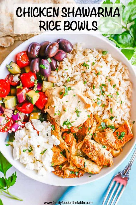 Chicken Shawarma Sides, Chicken Shawarma Rice, Shawarma Recipes, Shawarma Rice, Hummus Chicken, Use Leftover Chicken, Hummus Bowl, Feta Chicken, Food On The Table