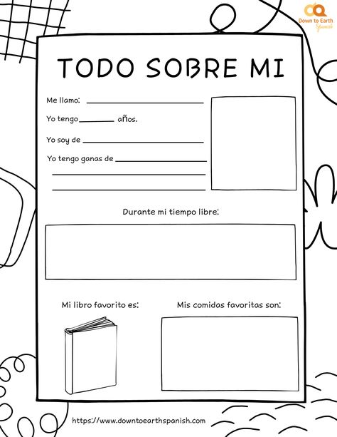 Todo Sobre Mi: Spanish Worksheet is a free printable to fill out and learn how to talk about yourself in Spanish. Spanish Therapy Worksheets, 2nd Grade Spanish Worksheets, Spanish Language Learning Worksheets Free Printable, Kindergarten Spanish Worksheets, Spanish Practice Worksheets, Spanish Printables, Introduction Activities, Aes Aesthetic, Preschool Spanish