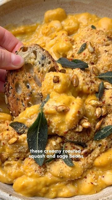 sarah doig on Instagram: "ROASTED SQUASH & SAGE BEANS 🎃 💥Banging Beans Episode 13 💥 Cosy season + roasted squash + butter beans… this one just screams comfort food! Sweet, nutty squash blended into the creamiest sauce to pour into beans, sautéed shallot and garlic 😍 grab a big slice of buttery toast and get scooping! Recipe serves 2 Roasted squash: 450g butternut squash, cut into chunks 1/4 tsp salt 1 tbsp olive oil 1 tsp dried sage 2 tsp olive oil 2 shallots 2 garlic cloves 1 x 700g Cashew Parmesan, Roasted Squash Seeds, Butternut Squash Sage, Butter Beans Recipe, Veg Stock, Plant Based Diet Meals, Cosy Season, Sage Recipes, Dried Sage