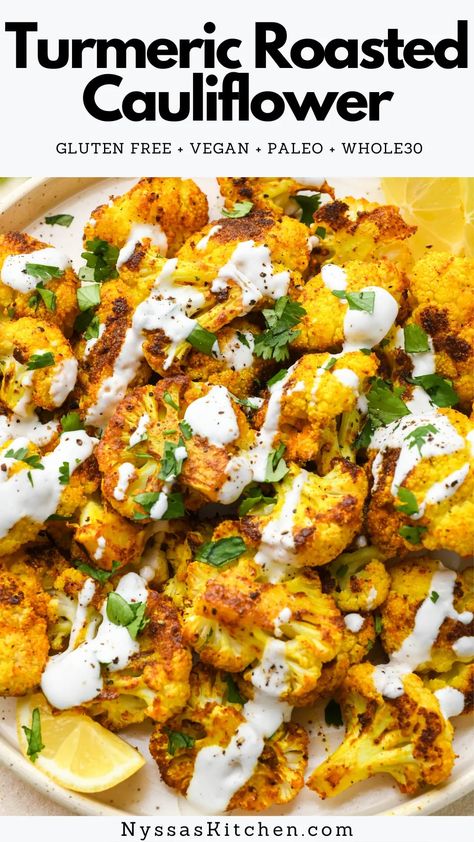 Cauliflower Recipes Clean Eating, Whole30 Cauliflower Recipes, Roasted Spiced Cauliflower, Cauliflower Tumeric Recipes, Califlower Recipes Mediterranean, Vegetarian Dinner Cauliflower, Curried Cauliflower Roasted, Turmeric Roasted Cauliflower, Cauliflower Side Dish Recipes Healthy