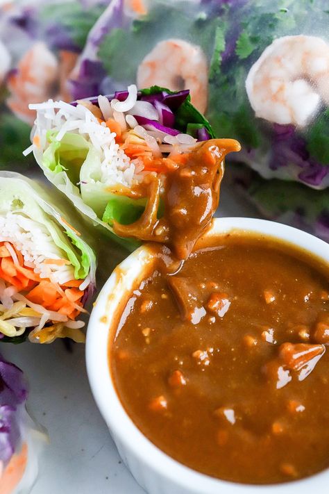 Shrimp Rice Paper Rolls Recipe With Easy Peanut Sauce Shrimp Rolls Rice Paper, Peanut Sauce Recipe For Spring Rolls, Shrimp Rice Paper Rolls, Recipe For Spring Rolls, Rice Paper Rolls Recipe, Vietnamese Peanut Sauce, Rice Paper Rolls Recipes, Shrimp Summer Rolls, Rice Paper Recipes