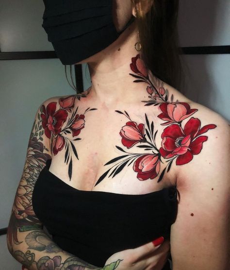 Chest Neck Tattoo, 16 Tattoo, Neotraditional Tattoo, Throat Tattoo, Bone Tattoos, Pieces Tattoo, Chest Tattoos For Women, Chest Piece Tattoos, Tatuaje A Color