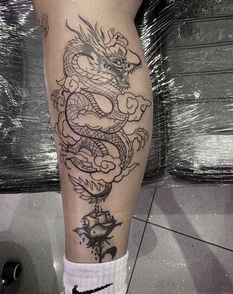 Dragon Tattoo Calf, Dragon Leg Tattoo, Dragon Tattoo Forearm, Dragon Tattoo Leg, Sg Tattoo, Back Of Leg Tattoos, Best Leg Tattoos, Shin Tattoo, Small Dragon Tattoos