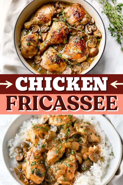 Classic Chicken Fricassee is a comforting French stew of tender chicken and mushrooms in a creamy, garlic and white wine sauce. Chicken With White Wine And Mushrooms, Coco Van Chicken, Chicken Fricassee Recipe, French Stew, Chicken Franchise, Chicken And Mushrooms, Chicken Fricassee, Chicken Dumplings, Christmas Meal