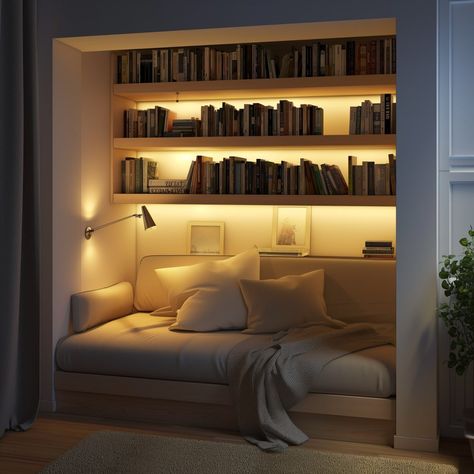 bedroom_Glow_in_Reading_Nooks_Carve_out_a_cozy_littl 2 Reading Nook For Two, Book Corner Room Ideas, Library In The Bedroom, Reading Area In Bedroom Aesthetic, Books Corner Ideas, Cozy Reading Room Aesthetic, Library Nook Ideas Cozy Corner, Library Corner Ideas, Bedroom Entrance Ideas