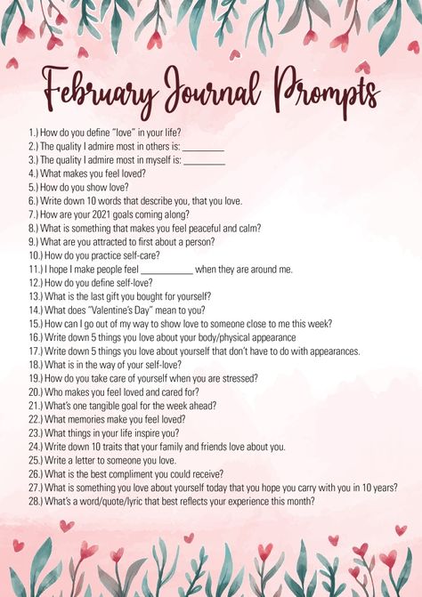 How To Start Journal, February Writing Prompts, February Writing, Bullet Journal Prompts, February Bullet Journal, What Love Means, Journal Topics, Fun Questions To Ask, Ways To Show Love