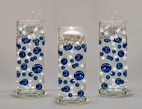 500 'Floating' Royal Blue (Navy) Pearls - No Hole Jumbo/Assorted Sizes Vase Decorations Includes Transparent Water Gels for Floating The Pearls Cobalt Blue Wedding Decorations, Floating Pearl Centerpiece Wedding, Royal Blue Centerpieces Birthday, Sapphire Theme Party, Blue And Gold Centerpieces For Party, Denim And Diamonds Centerpieces, Royal Blue And Silver Party Decorations, Blue And Silver Centerpieces, Navy Blue Table Decor