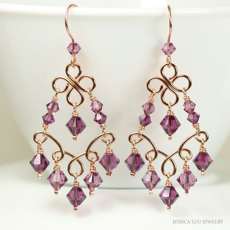 Rose Gold Amethyst Purple Chandelier Earrings Handmade by Jessica Luu Jewelry ~ Glamorous ~ Elegant ~ Feminine ~ 2 shades of purple crystals pair beautifully with rose gold in these luxurious chandelier earrings  MATCHING ITEMS https://www.etsy.com/shop/JessicaLuuJewelry?search_query=amethyst MATERIALS: ~ 6mm amethyst and iris crystals from Austria ~ Hand formed 14K rose gold filled wire frames ~ Hand made 14K rose gold filled French hook ear wires DIMENSIONS: ~ Just over 2.25 inches long ~ 1 in Handmade Chandelier Earrings, Bridgerton Diy, Chandelier Earrings Diy, Purple Chandelier, Wire Wrap Earrings, Earrings Matching, Handmade Crystal Jewelry, Wire Wrap Jewelry, Jewelry Making Earrings