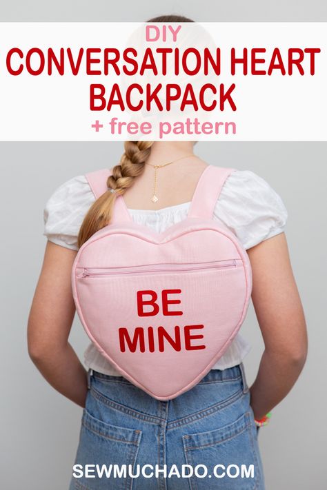 Learn how to sew a heart backpack with this free pattern! Add Cricut Iron-on to make it look like a Conversation Heart Candy, a perfect bag for Valentine's Day! Pattern can work for toddler-adults by simply adjusting the strap size, so get ready to make this fun sewing project, a DIY Heart Backpack! Diy Heart Bag, Easy Free Sewing Patterns, Heart Shaped Purse Pattern, Heart Bag Sewing Pattern, Bag Sewing Patterns Free, Heart Bag Pattern, Heart Purse Sewing Pattern, Mushroom Bag Sewing Pattern, Toddler Backpack Pattern