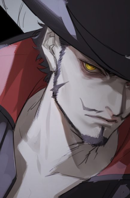 Safebooru - 1boy black hair cavalier hat dracule mihawk facial hair hat hat feather kuroda matsurika looking at viewer male focus mustache one piece solo yellow eyes | 4694181 Mihawk Crocodile, Hawkeye Mihawk, Mihawk Fanart, Golden Kumay, Mihawk Dracule, One Piece Mihawk, Cavalier Hat, Mihawk One Piece, Dracula Mihawk