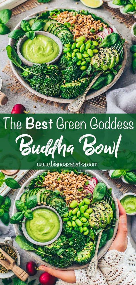 Green Goddess Buddha Bowl This Green Goddess Buddha Bowl is loaded with fresh veggies, wholesome grains, plant-based protein, and a creamy vegan herb tahini dressing! Get your dailygreens in just one bowl! Goddess Bowls, Green Goddess Bowl, Goddess Bowl, Veggie Bowl Recipe, Buddha Bowls Recipe, Vegan Buddha Bowl, Healthy Bowls Recipes, Healthy Bowls, Vegan Bowls