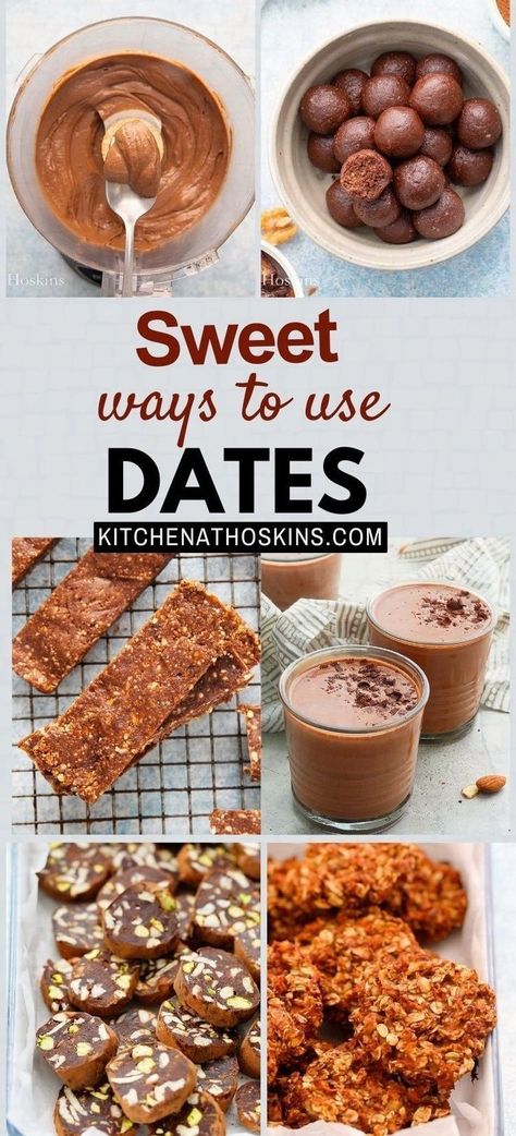 Discover mouthwatering date recipes for snacks, smoothies, no-bake treats, and desserts. If you have wondered what to do with dates, then you are sure to find ideas for clean eating, vegan or healthy recipes using Medjool dates at kitchenathoskins.com. Soaked Dates Recipes, Date Cookies Recipes Healthy, Uses For Dates, Recipes Using Date Paste, How To Use Dates In Recipes, Desserts Sweetened With Dates, Healthy Date Bars, Date Snacks Healthy, Vegan Date Recipe