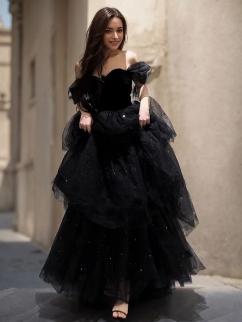 Black Evening Gown Ball Gown for Hostesses Graduation Adult Ceremony Black Scene, Black Evening Dress, Black Evening Gown, Tulle Material, Princess Sleeves, Style Français, Ceremony Dresses, Wedding Scene, Langer Rock