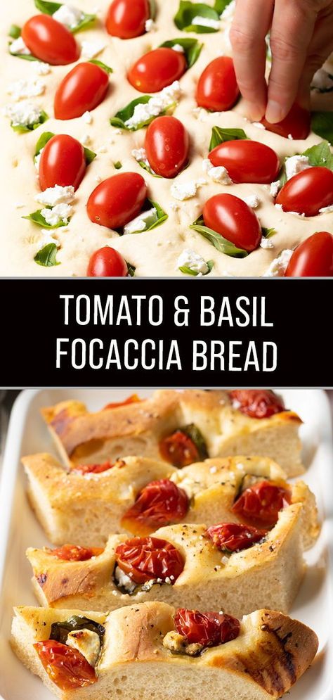 This tomato basil focaccia bread features flavorful cherry tomatoes, fresh basil, and creamy goat cheese baked right into tender and chewy focaccia bread. Cherry Tomato Bread, Basil Foccacia Bread Recipes, Tomato Foccacia Bread, Bread With Cherry Tomatoes, Tomato Garlic Foccacia Bread, Tomato Sauce Foccacia Bread, Cherry Tomato Foccacia, Foccacia Bread Tomato, Tomato Bread Recipe