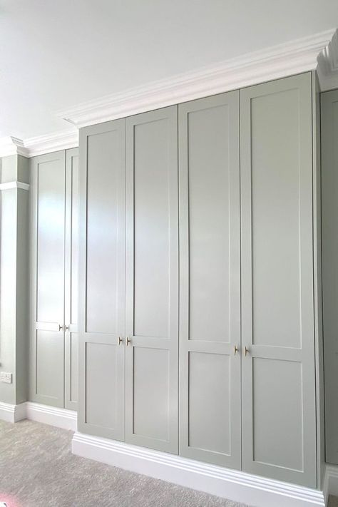 Wardrobe Front Door Design, Built In Wardrobes Alcove, Shaker Style Built In Wardrobe, Fitted Wardrobe Colours, Wardrobes Built In, Fitted Shaker Wardrobes, Victorian Fitted Wardrobe, Shaker Style Fitted Wardrobes, Painted Fitted Wardrobe Ideas