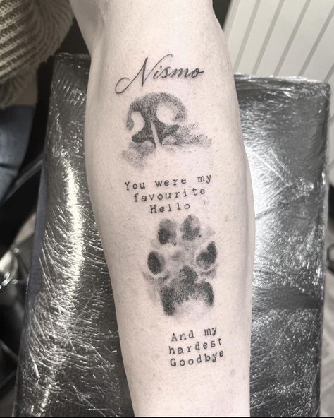 Rest In Peace Dog Tattoo, Footprints Poem Tattoo, Tatoos Pet Loss, Two Paws Tattoo, Paw Print Tattoo Placement Ideas, Tattoo Ideas For Lost Pets, Dog Rememberance Tattoo, Dog Remembrance Tattoo In Memory Of, In Memory Dog Tattoo