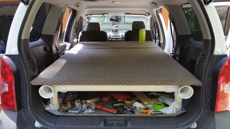 PVC sleeping platform in a 2010 Xterra X | Expedition Portal Suv Conversion, Car Conversion, Suv Camper, Cargo Trailer Conversion, Minivan Camping, Suv Camping, Pvc Projects, Expedition Portal, Campervan Life