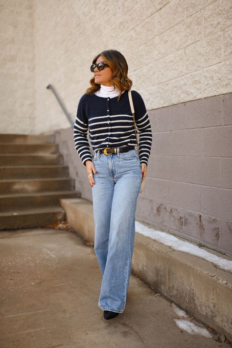 THE SEZANE STRIPED CARDIGAN YOU NEED Blue Striped Cardigan Outfit, Stripes Cardigan Outfit, Stripped Cardigan Outfits, Navy Striped Sweater Outfit, Striped Cardigan Outfit, Navy Cardigan Outfit, Stripe Cardigan Outfit, Paris Clothes, Striped Sweater Outfit