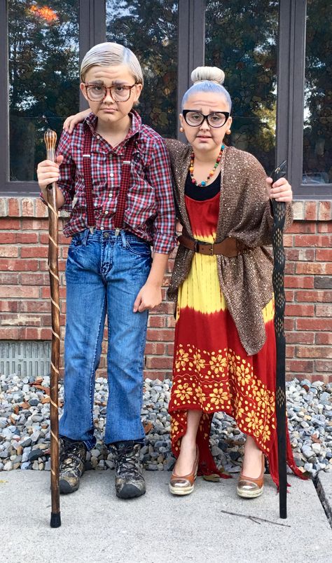 DIY Old Age Grandpa Grandma makeup costume old couple Bill & Willma 100th day of school Dress Like A Grandpa Day At School, Old People Costume For Kids, Toddler Grandpa Costume, Grandpa Joe Costume, Grandma And Grandpa Halloween Costume, Old Lady Hairstyles Costume, Old Grandma Costume, Grandma And Grandpa Costumes, Grandpa Halloween Costume