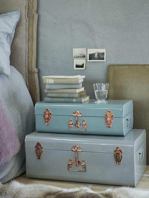 De-clutter your bedroom to make it more relaxing. Try an ottoman bed or these Cox and Cox storage trunks. Read more on The Sleep Matters Club. Trunk Makeover, Metal Trunks, Storage Trunks, Vintage Suitcases, Diy Home Decor Bedroom, Recycled Furniture, Elegant Homes, Dream Bedroom, Suitcases