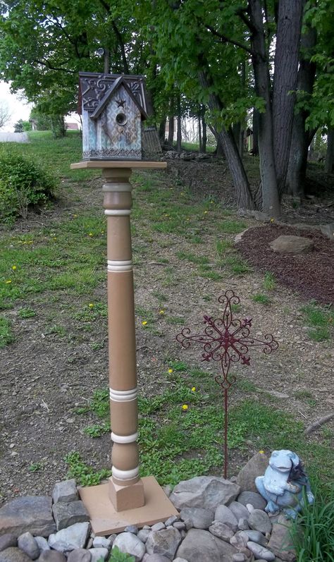 Repurposed Porch Posts, Bird Feeder On Post, 4x4 Bird Feeder Post Ideas, Birdhouse Stand, Birdhouse On A Pole, Porch Post Ideas, Birdhouse On Spindle, 4x4 Post Bird Feeder, Birdhouse Pole