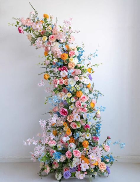 Wedding Floral Arrangement for Horn Arch in Pastel Colors With a Pop of Blue and Orange - Etsy Whimsical Romantic Wedding Decor, Midsommar Wedding Aesthetic, Colourful Flowers Wedding, Wedding Flowers Colourful, Unique Wedding Ideas Creative Decor, Wedding Floral Arrangements Ceremony, Primary Color Wedding, Pastel Color Wedding Theme, Colorful Wedding Arch