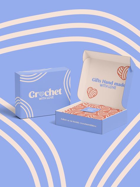 Crochet With Love Crochet Branding Identity, Crochet Brand Logo, Brand Box Design, Crochet Logo Design, Crochet Branding, Crochet Packaging, Box Package Design, Japan Branding, Logo Ideas Design