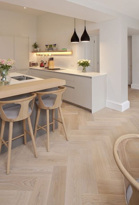 Oak Floor Kitchen, Wood Floor Design, Engineered Oak Flooring, Herringbone Wood Floor, Wood Floor Kitchen, Kitchen And Dining Room, Best Flooring, Living Room Flooring, Timber Flooring