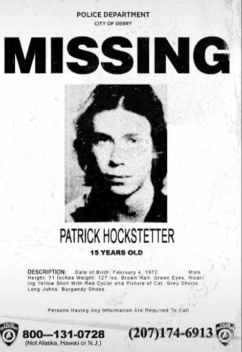 Patrick Hockstetter, Missing Poster, Brown Hair Green Eyes, Dekorasi Halloween, Detective Aesthetic, It The Clown Movie, Horror Posters, Halloween Poster, Halloween Deco