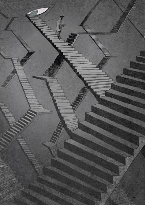 Maze Art Illustration, Kafkaesque Aesthetic, Escher Stairs, Maze Drawing, How To Draw Stairs, Escher Art, Surreal Art, Art Plastique, Labyrinth