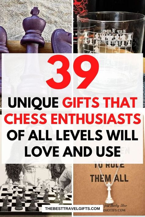 39 Unique gifts that chess enthusiasts of all levels will love and use with four photos of chess-related items Chess Related Gifts, Gifts For Chess Lovers, Chess Ideas, Board Game Themes, Chess Quotes, Board Games Diy, Gifts For History Buffs, Chess Gifts, Chess Boards