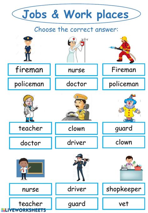 Jobs and work places - Ficha interactiva Jobs And Places Of Work Worksheet, Jobs And Places Worksheets, Occupations Worksheets For Kids, Jobs Worksheets For Kids, Occupation Worksheet, Jobs Worksheet, Jobs For Kids, English Grammar For Kids, Community Helpers Preschool