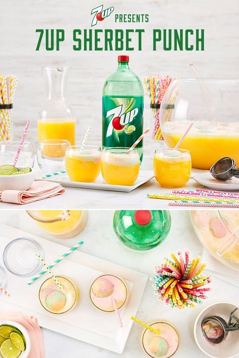 Mix up 7UP Sherbet Punch, made with 7UP®, today. Alcoholic Party Punch, Spiked Fruit, Sorbet Punch, Alcoholic Fruit Punch, Raspberry Sherbet Punch, Sprite Recipe, Party Punch Alcohol, Lime Sherbet Punch, Alcoholic Party