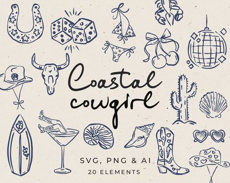 Cowgirl Boot Drawing Easy, Beach Cowgirl Tattoo, Cowgirl Hat Clipart, Coastal Cowgirl Design, Coastal Cowgirl Illustration, 4th Of July Tattoos, Cowboy Boot Doodle, Cowgirl Doodles, Cowgirl Boot Drawing