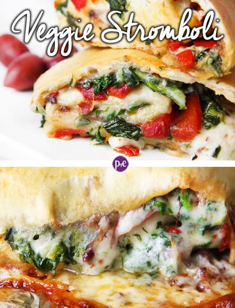 One of my Top Five favorite recipes of all time! This Veggie Cheese Stromboli is SO GOOD. Inside the rolled up goodness of your baked Stromboli are spinach, roasted red peppers and sun-dried tomatoes. Melted with gooey cheese, your guests at a party will rave and it’s also a great family dinner option! #stromboli #dinner #partyfood #veggies Vegetable Stromboli Recipe, Vegetable Stromboli, Veggie Stromboli, Spinach Stromboli, Cheese Stromboli Recipe, Cheese Stromboli, Stromboli Recipe Easy, Savoury Tarts, Chicken Mozzarella