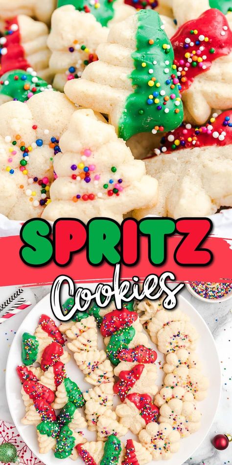 Chocolate Spritz Cookies, Butter Spritz Cookies, Cookie Press Recipes, Christmas Spritz Cookies, Spritz Cookie Recipe, Xmas Baking, Dipped Cookies, Spritz Cookies, Cookie Press