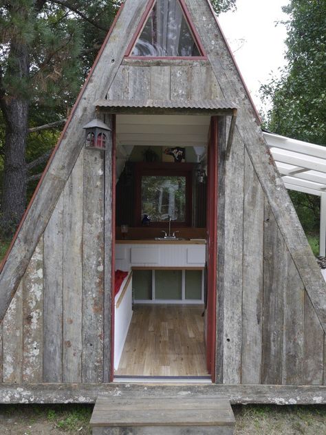 1200 transforming a-frame cabin by Derek Diedricksen 001b Tiny Cabins, A-frame Interior, A Frame Cabin Plans, Tiny House Swoon, Shed To Tiny House, A Frame House Plans, Frame Cabin, A Frame Cabin, Tiny Cabin