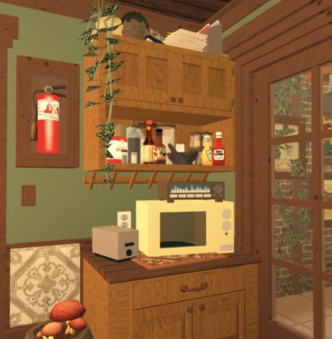 Bloxburg Decorate Ideas, Retro House Bloxburg, Vintage Bloxburg Kitchen Ideas, Cozy Bloxburg Kitchen, Bloxburg Mini Kitchen, Bloxburg Laundromat Exterior, Bloxburg Rustic Kitchen, Bloxburg Cottage Kitchen, Hippie Bloxburg House